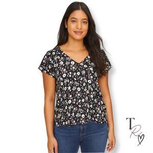 LOFT Floral V-Neck Blouse Black Short Sleeve Top Size XL